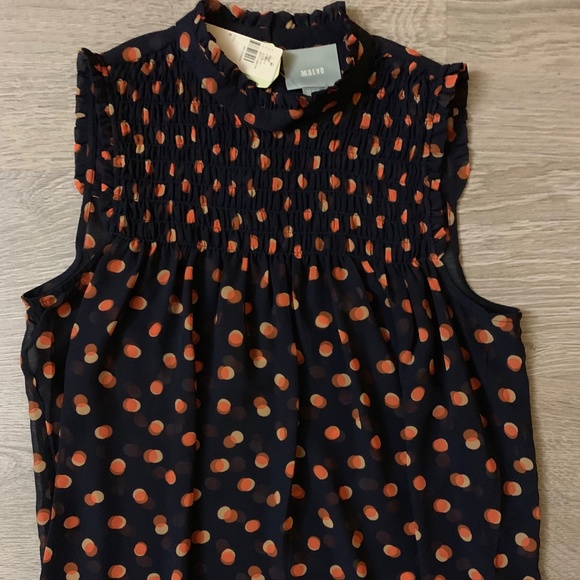 NWT Maeve Navy & Orange Polka-Dotted Ruffled High-Neck Sleeveless Blouse Size 6 - Picture 1 of 3